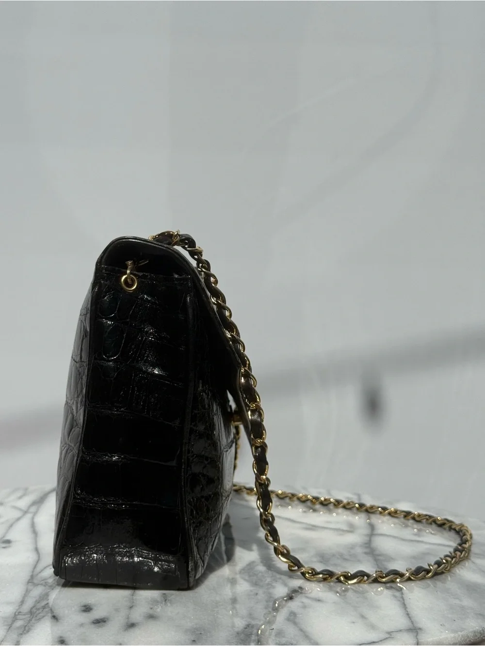Vintage Chanel Black Crocodile Large Flap Shoulder w/ Gold HDW 1986-88, 0 Series